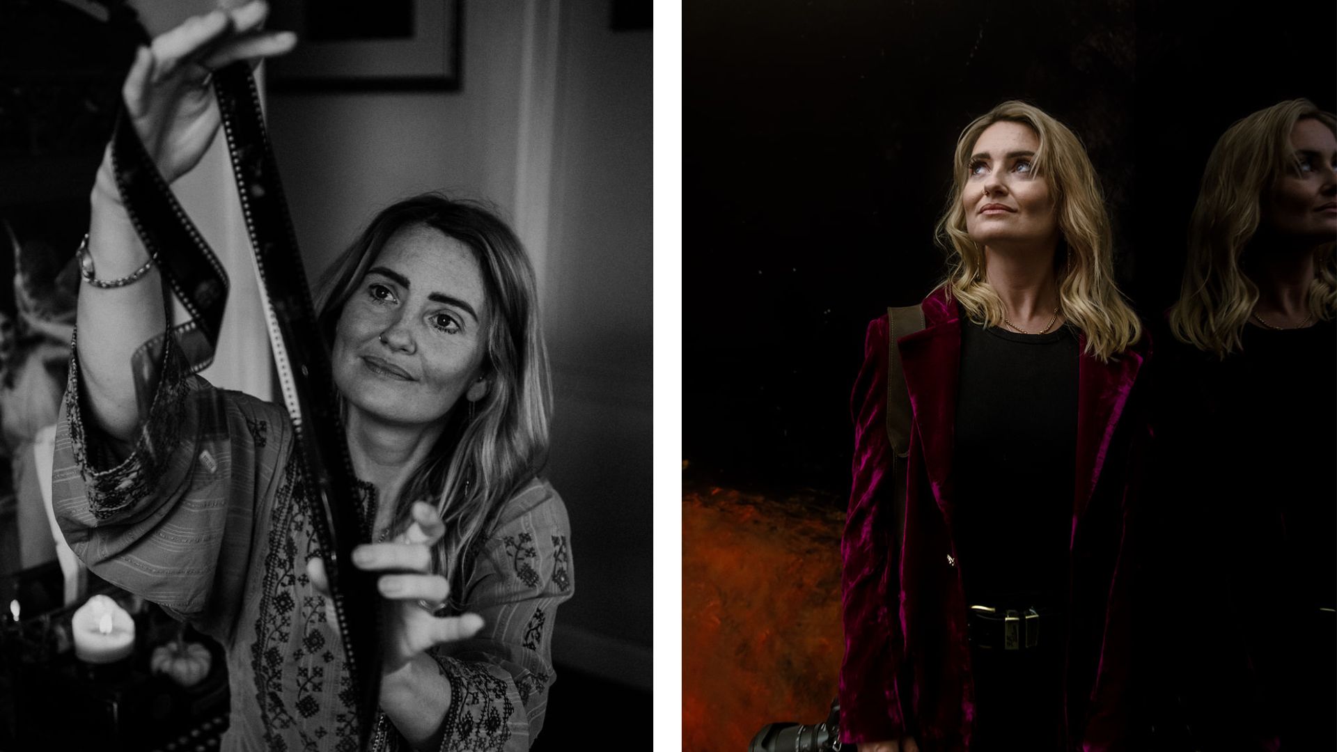 Two portraits of photographer Adele with a camera and a reel of film